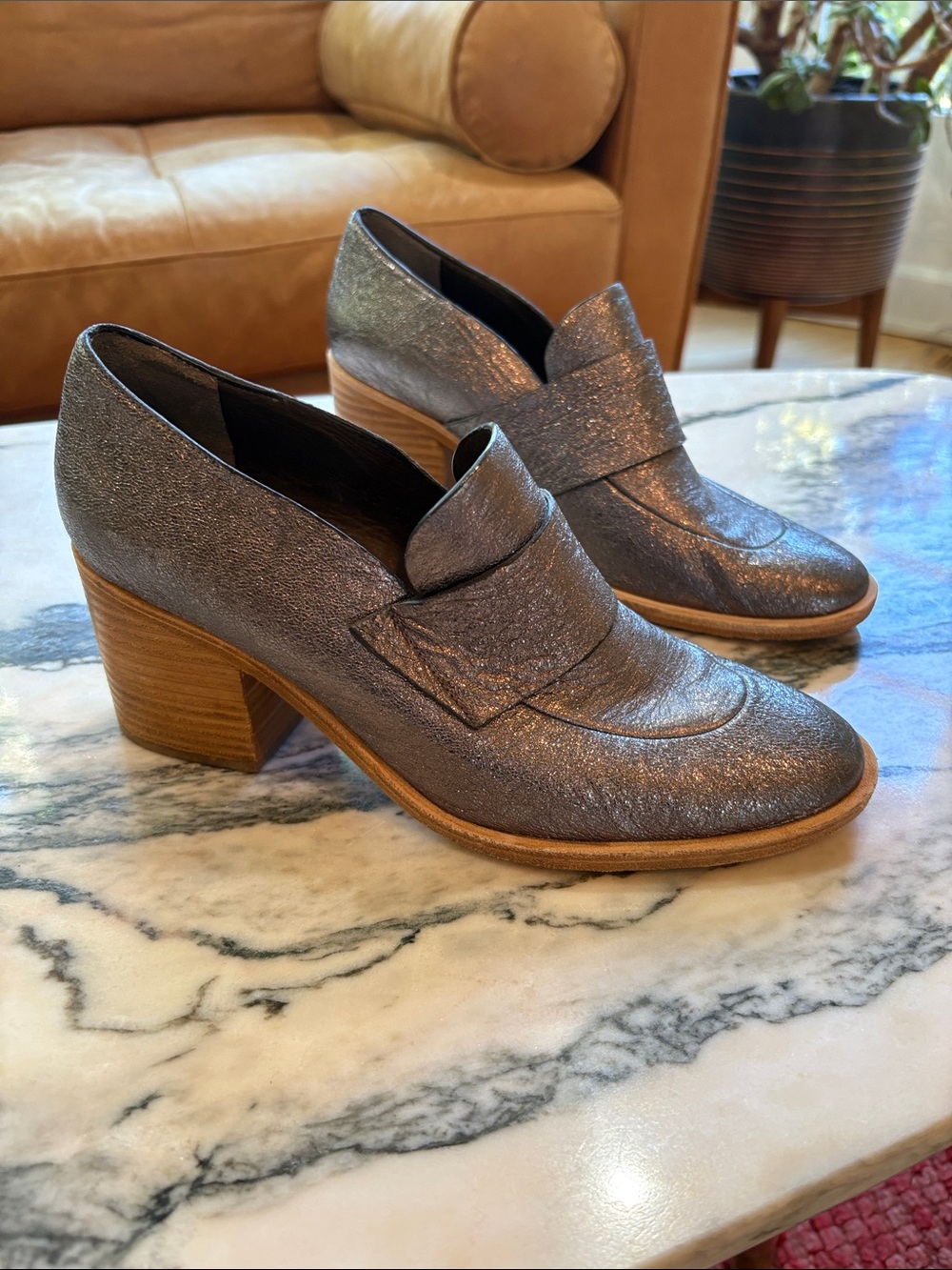 COCLICO Silver Metallic Block Heel Loafer